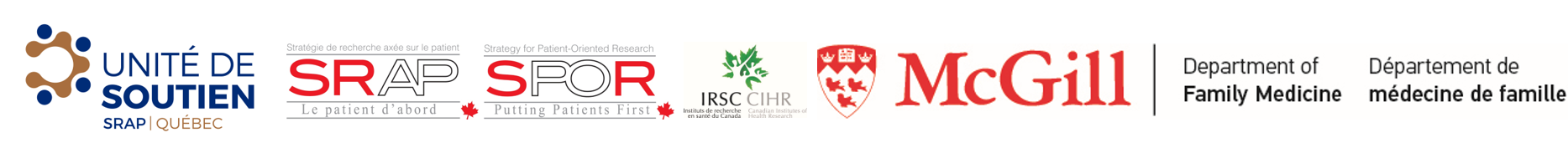 logos de Unité de soutien, SRAP, SPOR, IRSC, CIHR, McGill département de médecine de famille, 