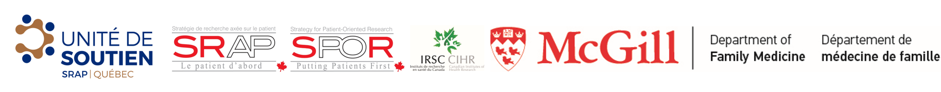 logos de Unité de soutien, SRAP, SPOR, IRSC, CIHR, McGill département de médecine de famille,